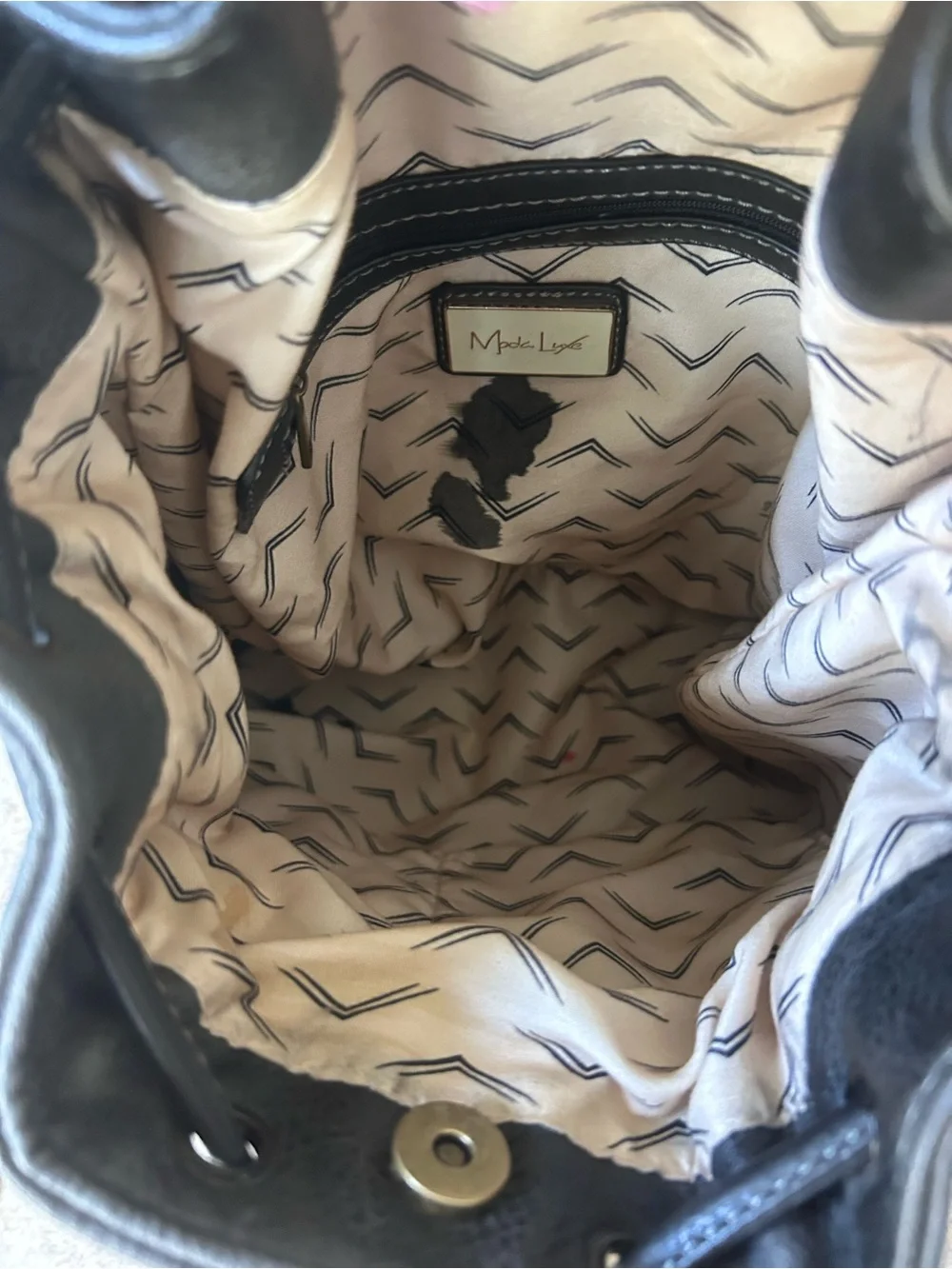 Moda Luxe Black Leather Woven Backpack With Drawstring and Tassles